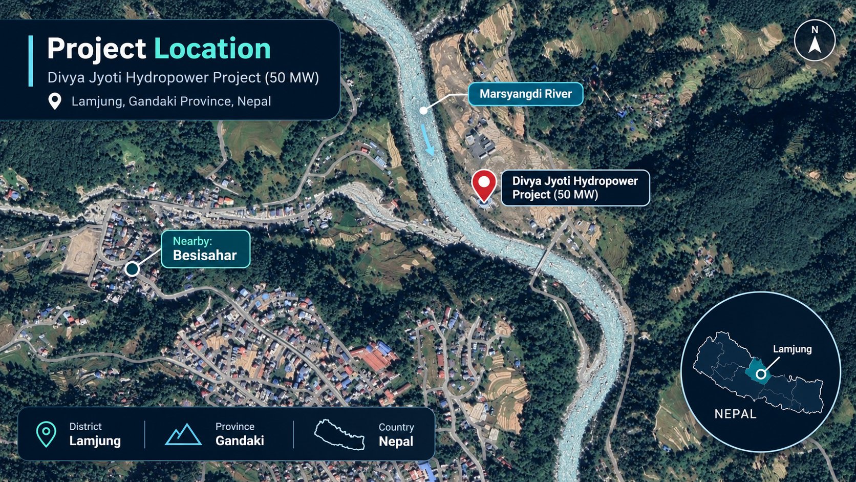 Satellite map of the Divya Jyoti Hydropower Project site on the Marsyangdi River near Besishahar, Lamjung, Gandaki Province, Nepal